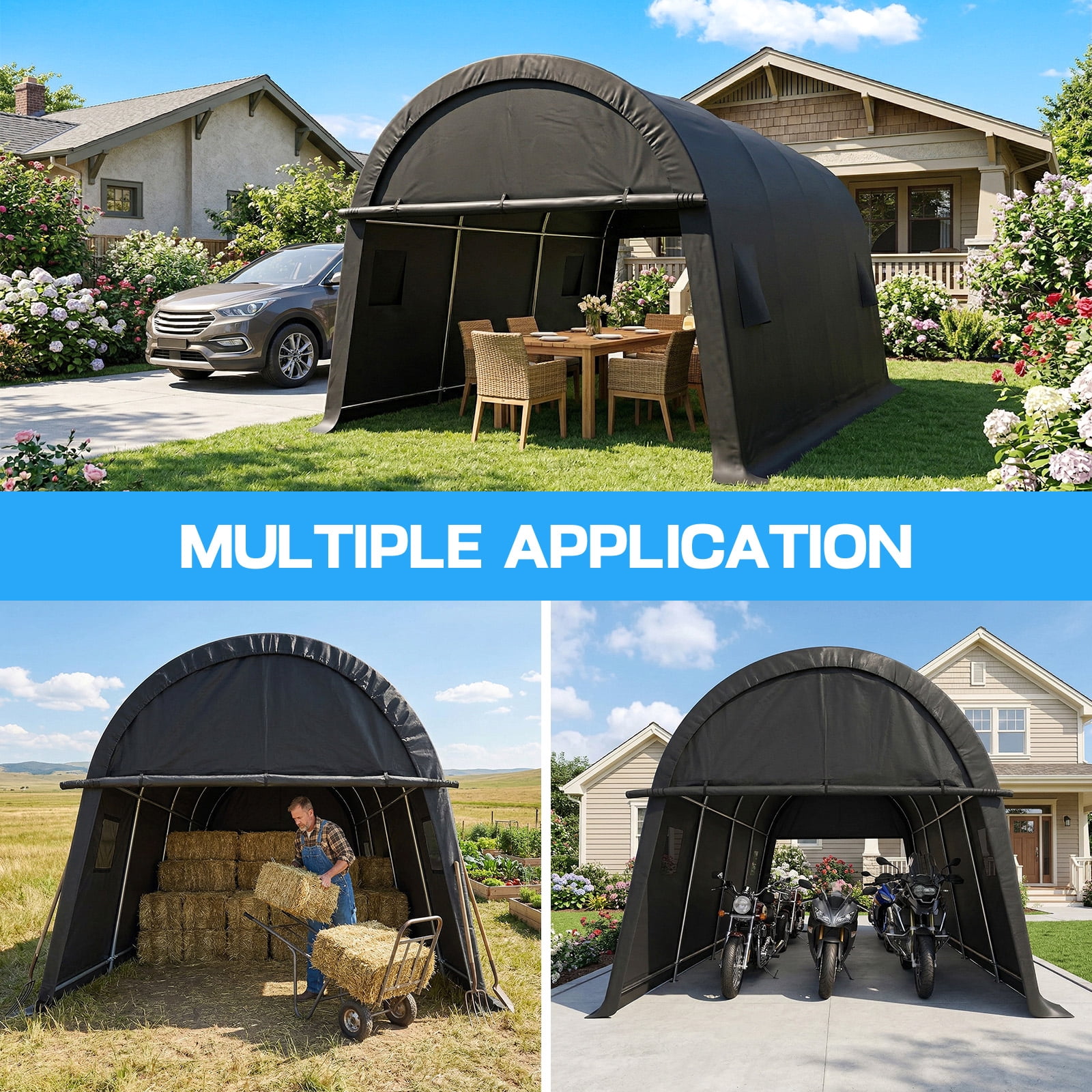 HOTEEL Carport 10x15ft Heavy Duty Portable Garage with All-Steel Metal Frame & Vents, All-Season Round Style Outdoor Storage Shed for Car, Truck, Boat, Patio Furniture Anti-Snow Waterproof