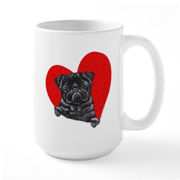 CafePress - Black Pug Heart Large Mug - 15 oz Ceramic Large White Novelty Mug