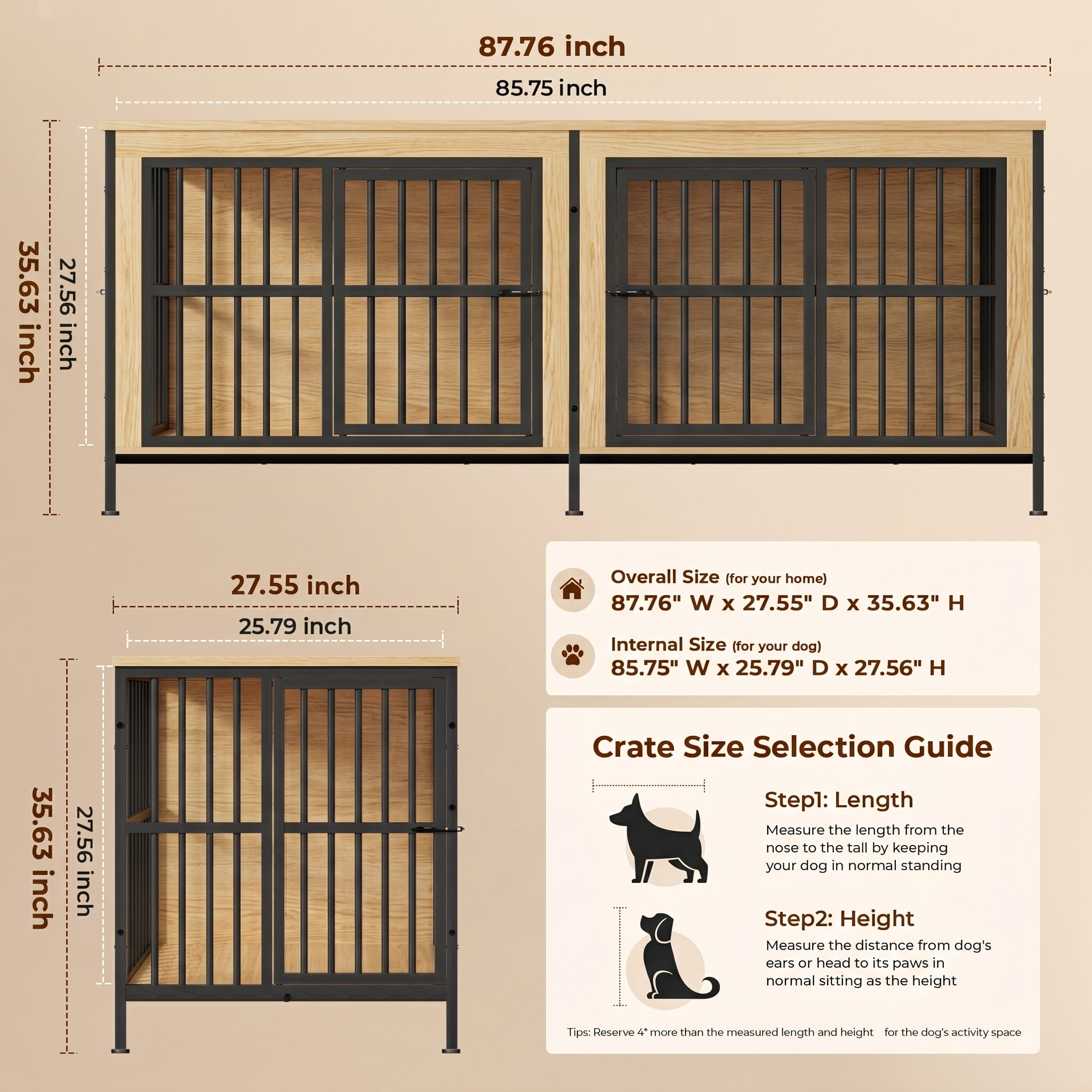 Ironovahome 88" Dog Crate Furniture for 2 Large Dogs with Sturdy Removable Divider and Double Doors, XXL Extra Large Indoor Dog Kennel, Thick Heavy Duty Wooden Dog Cage, Ivory