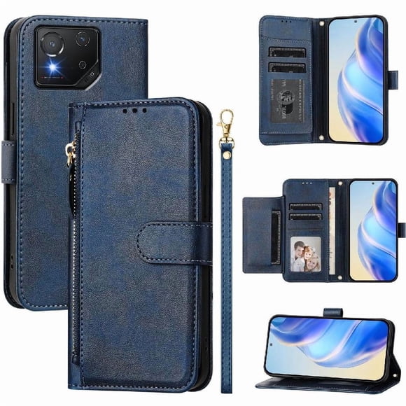 Filp Case for ASUS ROG Phone 8/8 Pro Zipper Pocket Magnetic Flip Wallet Phone Case with 7 Card Slots and Wrist Strap