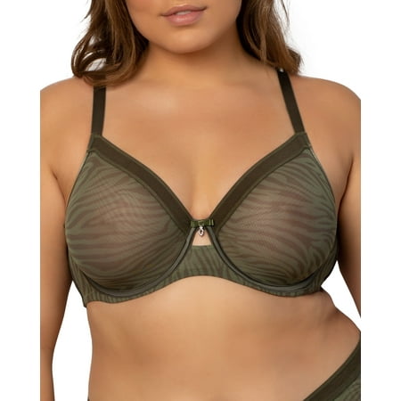 Women s Curvy Couture 1311 Sheer Mesh Unlined Underwire Bra (Olive Waves 42D)