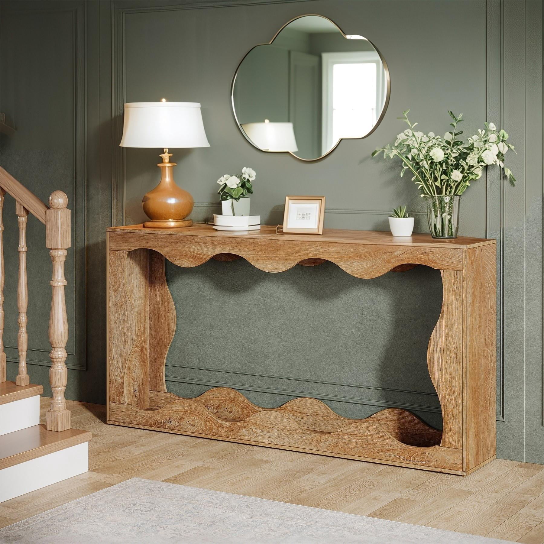 Fnova 63" Long Farmhouse Console Table for Entryway, Wave-Shaped Wood Entryway Table, Sofa Table for Living Room, Light Brown