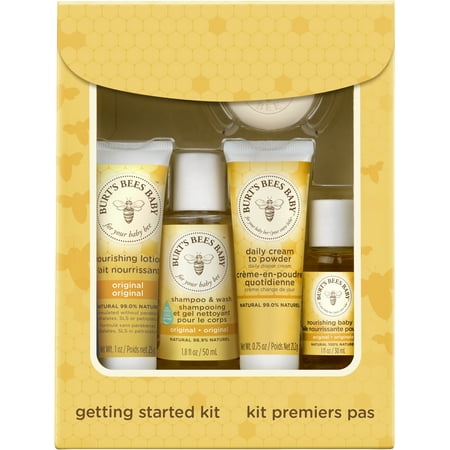 Burt's Bees Baby Getting Started Gift Set, 5 Trial Size Baby Skin Care Products - Lotion, Shampoo & Wash, Daily Cream-to-Powder, Baby Oil and