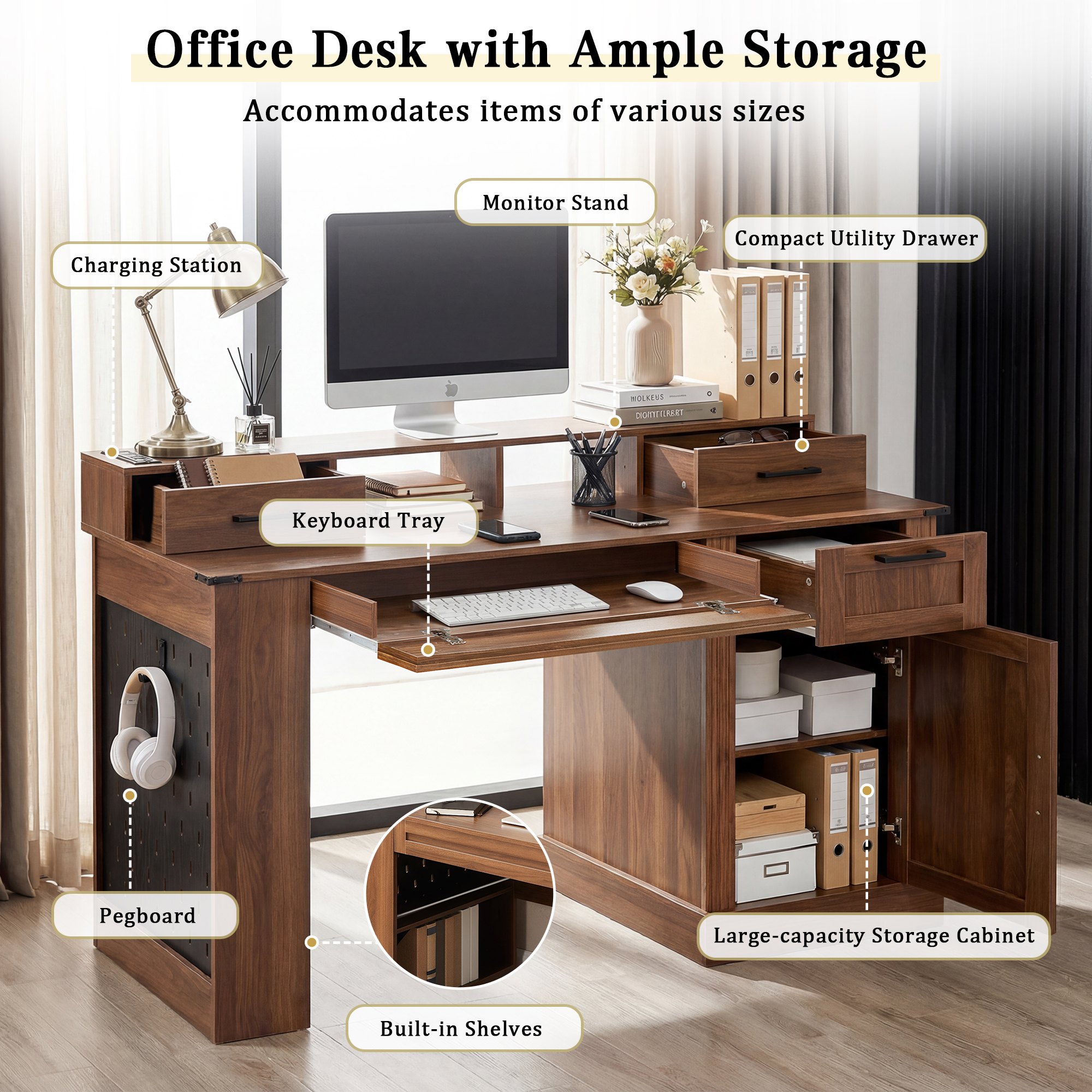 Mintazer 55" Farmhouse Office Desk with Charging Station & Storage Drawers, Computer Writing Desk with Monitor Stand, Keyboard Tray & Pegboard for Study Living Room Home Office, Walnut