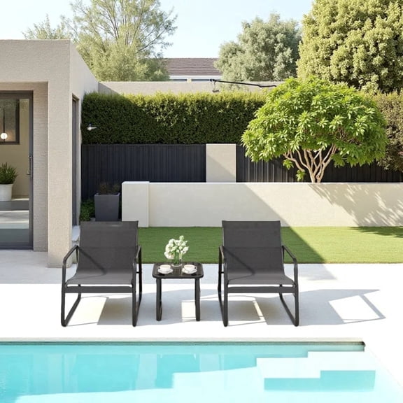 3 Pieces Patio Set,Outdoor Furniture 1 Coffee Table with 2 Steel Chairs for Yard Lawn Pool,Black