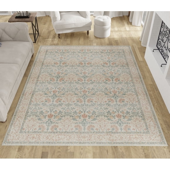 E-Z Wash Traditional Medallion Pattern Velvet Plush Green, Room Size Machine Washable Area Rug 8X10, Ideal for Living Room, Dining Room, Bedroom