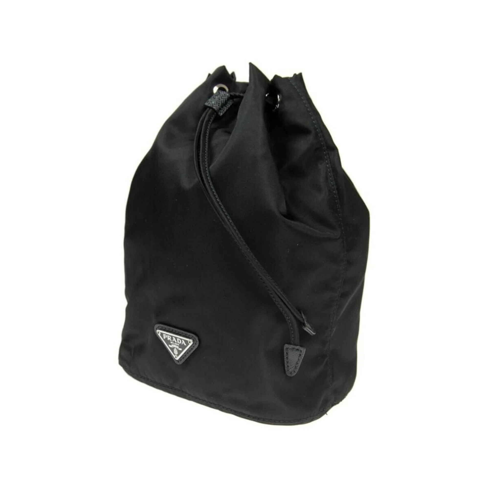 New Prada Black Tessuto Nylon Triangle Logo Drawstring Bucket Bag