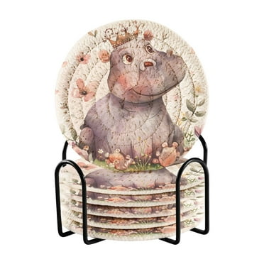 Hippo Crown Flowers 6 Pcs Drink Coasters with Holder Absorbent Coasters Woven Coasters for Drinks Table Desk Protection Home Decor