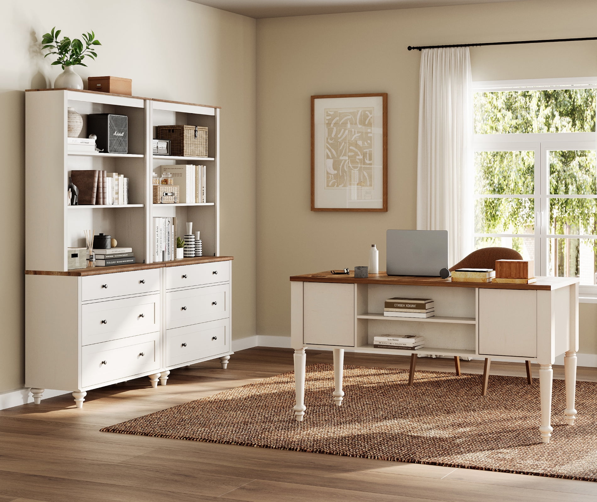 Home Office Furniture Set, 56" Executive Desk with Charging Station, 72" Tall Bookcase with 6 Drawers, Wood Computer Desk with File Cabinet Storage, Open Shelf, White