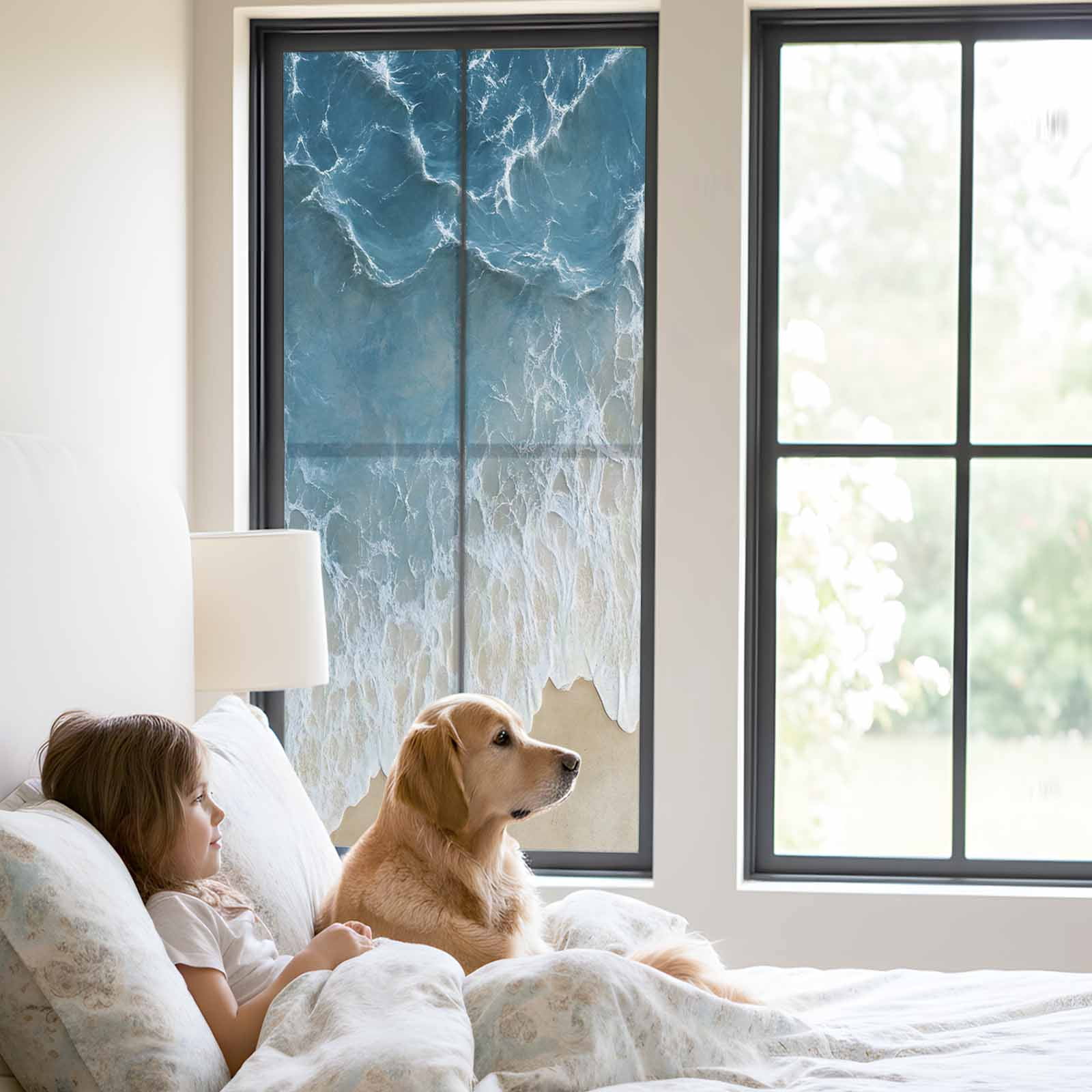 Wave Effect Modern Art Window Privacy Film, Abstract Blue Beach Frosted Glass Window Clings Static Cling UV Heat Blocking Reusable Door Sticker for Bathroom 23.6 x 59 Inch