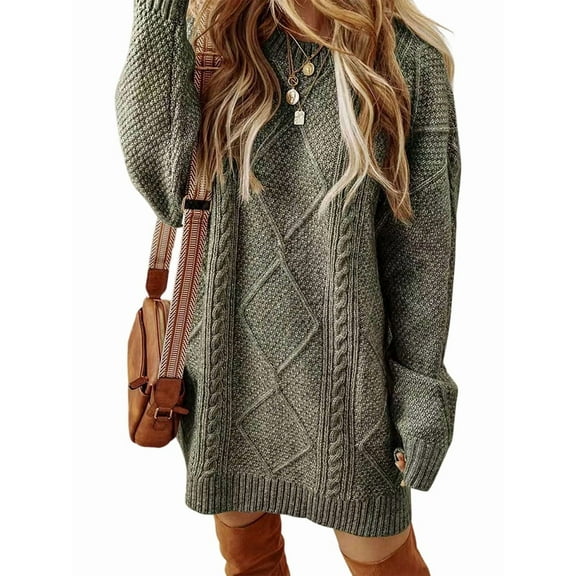 Women'S Cable Knit Casual Long Sleeve Loose Crew Neck Pullover Mini Sweater Dress Fall Winter Outfits  Green S