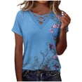 thumbnail image 2 of DailkTrvid Women Casual Blouses Floral Print V Neck Short Sleeve Shirts Loose Fit Tunic Tops Summer Office Fashion Outfits, 2 of 6