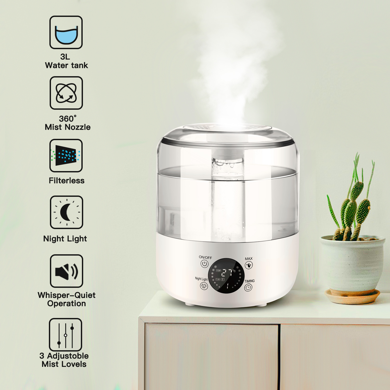 300ML Humidity Vaporizer Quiet Air Humidifier with LED Touch Display and Remote, Cool Mist Humidifiers for Large Room Baby Bedroom - image 4 of 7