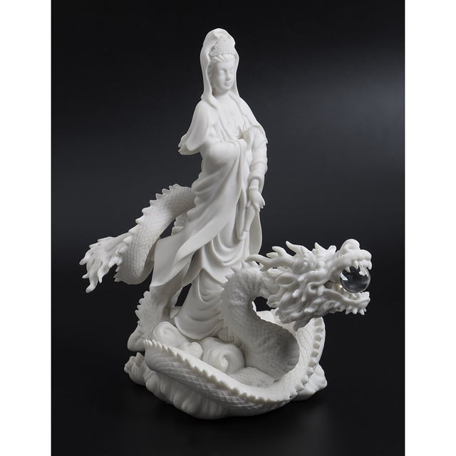 Estatua De Quan Yin Montada En Dragón De 13 Pulgadas, Versión Con Acabado De Mármol