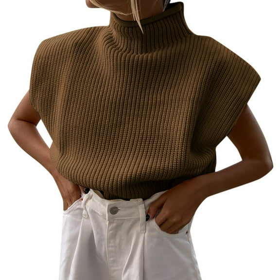 GBSYEWXS Sweaters For Women Brown High Neck Sleeveless Solid Color Casual Pullover Sweater