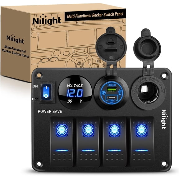 Nilight 4 Gang Rocker Switch Panel Waterproof Pre-Wired Aluminum Power Control Marine Panels with PD Type C and USB Cigarette Lighter Socket Voltmeter 12V 24V ON Off Switches for Car Trucks Boats RVs