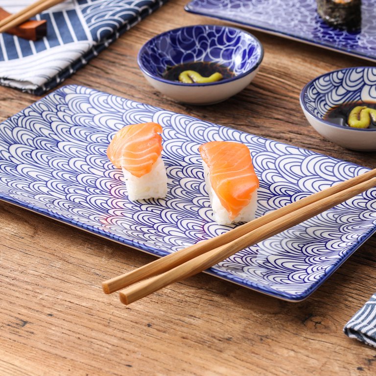 vancasso Takaki Porcelain Sushi Plate Set for 2, Japanese Style Ceramic  Blue 6 Pieces Sushi Serving Set, Including Sushi Platters | Dip Bowls |  Bamboo