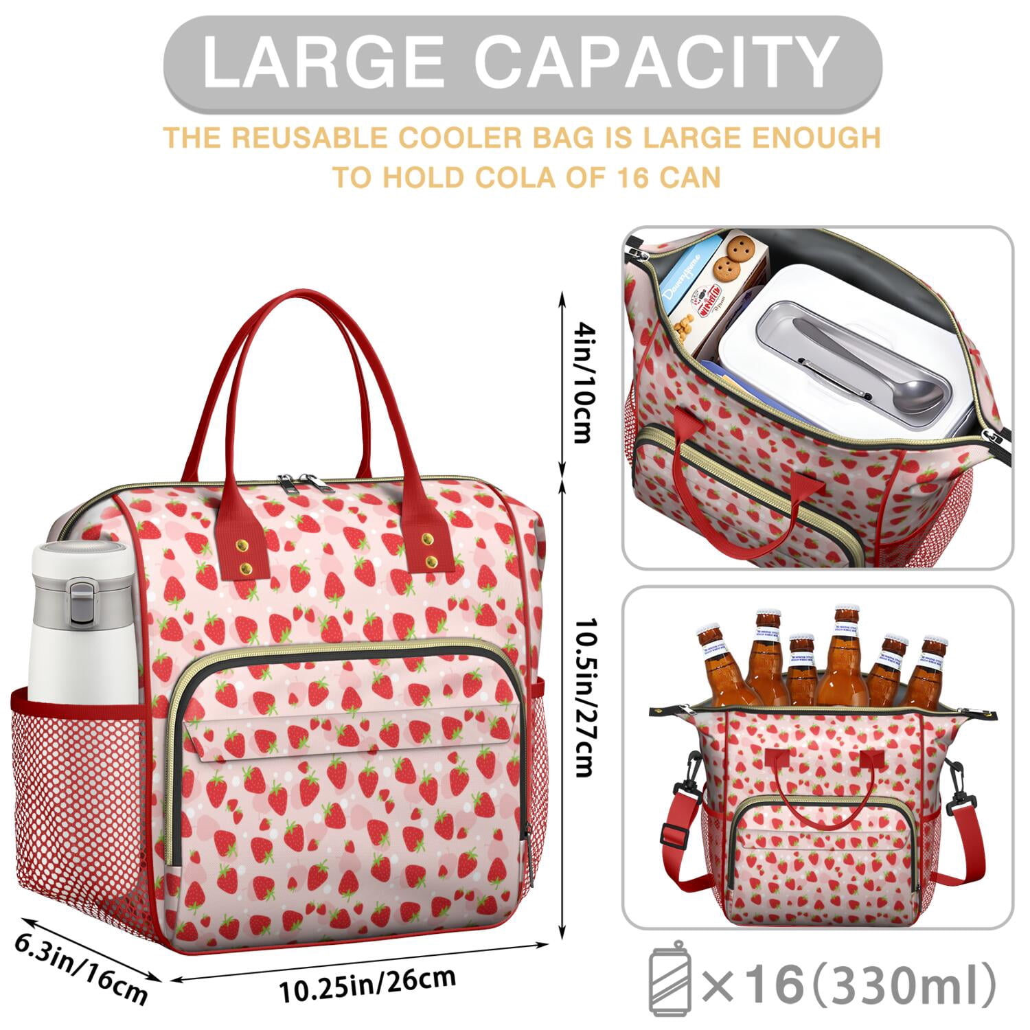 Sweet Strawberry Large Cooler Bag - Leakproof Insulated Lunch Tote with Multi-Pocket, Durable Handles for Office, Travel (Fresh Berry & Flower Pattern)