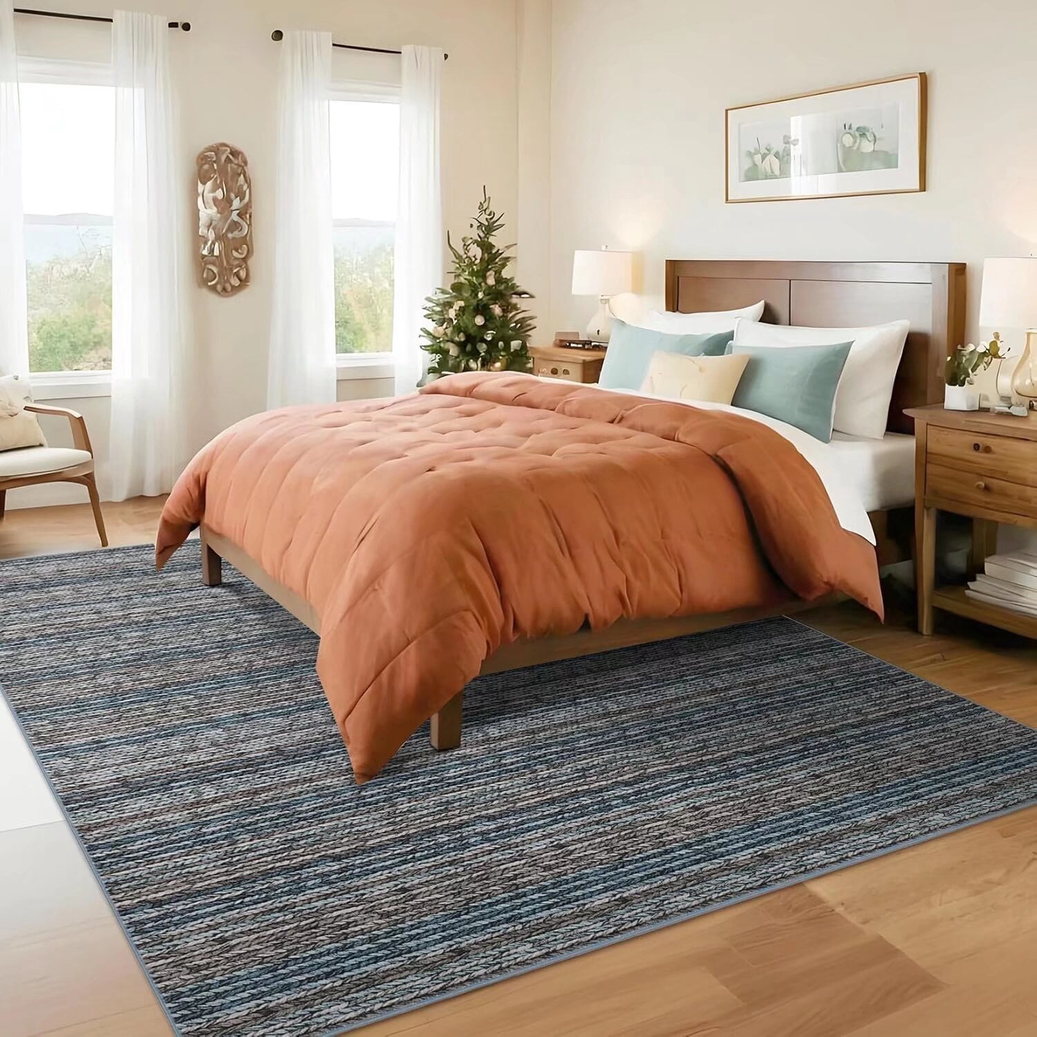 Hasoo Large Area Rug 10' x 13' Rugs for Living Room Washable Modern Striped Printed Braid Indoor Rug Soft Lightweight Carpet, Blue