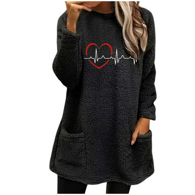 FAIWAD Fleece Long Sleeve Top with Pockets Plus Size Fuzzy Round Neck Pullover Tops Warm Comfy Lounge Print Top