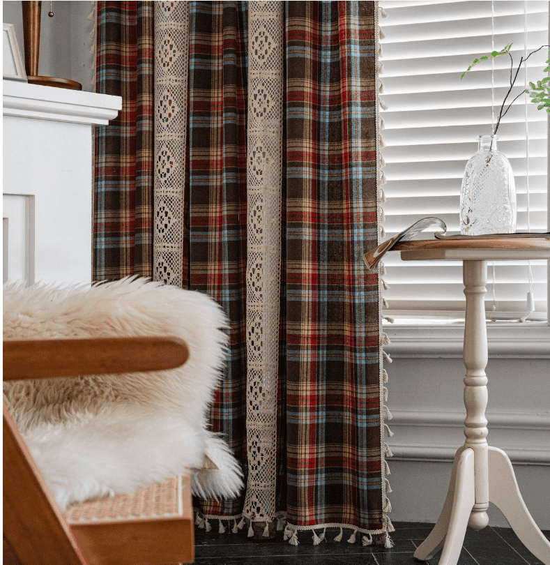 Boho Curtains Plaids for Bedroom, Semi Blackout Linen Farmhouse Tassels Window Treatment Bohemian Drape, Rod Pocket 1 Panel