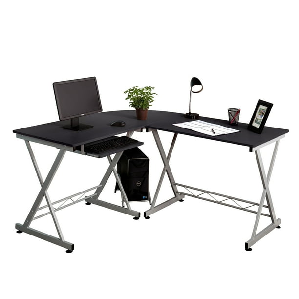 Fineboard Home Office LShaped Corner Desk, Black/Silver