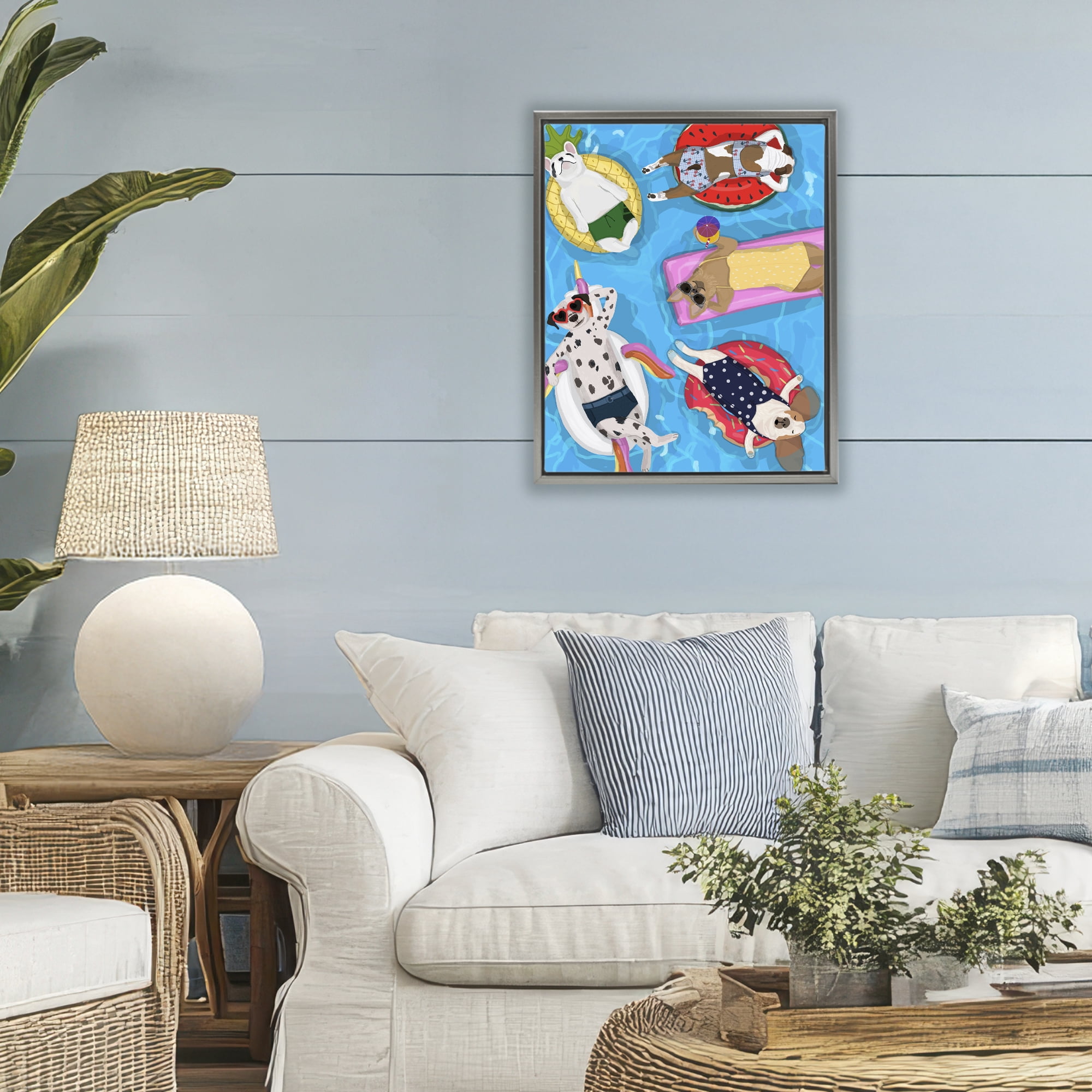 Stupell Industries Summer Sunbathing Dogs Gray Framed Floater Canvas Wall Art, design by Hanna Melin