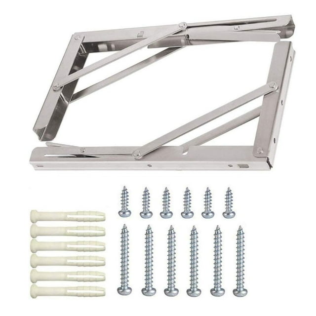 2 soportes plegables de 12 pulgadas para estantes o mesas plegables de bricolaje, soportes de estante en L plegables, acero inoxidable resistente, carga máxima de 300 libras, plateado