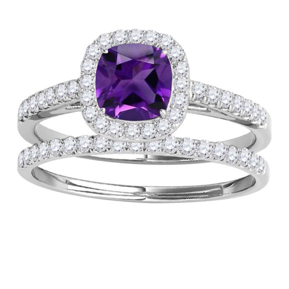 Aonejewelry 1.20 Ct. Ttw Cushion Shape Amethyst Bridal Set In 10k White Gold