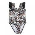 thumbnail image 3 of BESLY Toddler Girls Leopard Print Swimsuit One Piece Off Shoulder Quick Dry Bathing Suit with Ruffled 3-8 Years, 3 of 6