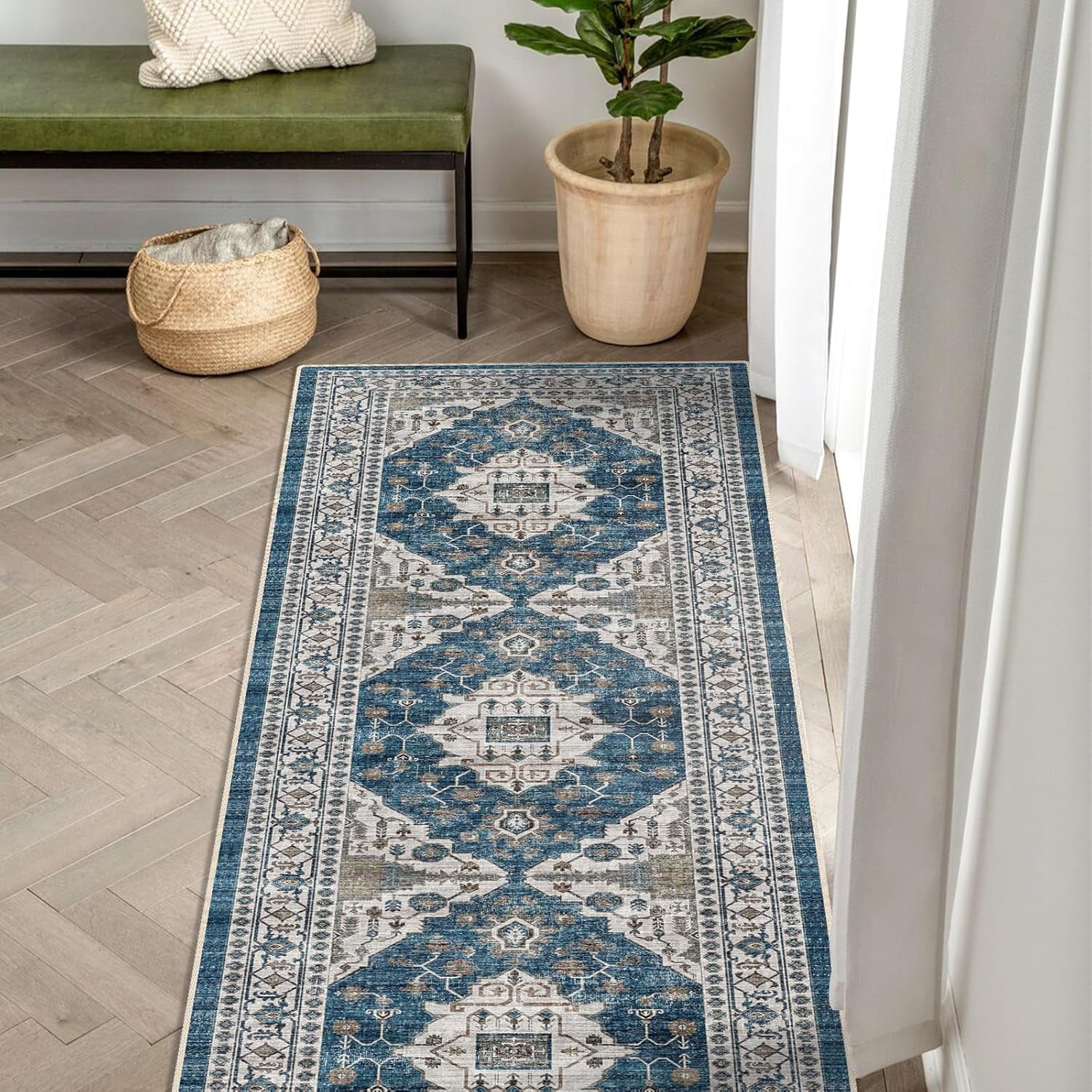 YOUFORTONG 2x5 Washable Hallway Runner, Oriental Farmhouse Non-Slip Ultra Soft Rug,Stain Resistant Carpet for Entryway Kitchen Living Room Bedroom,Blue