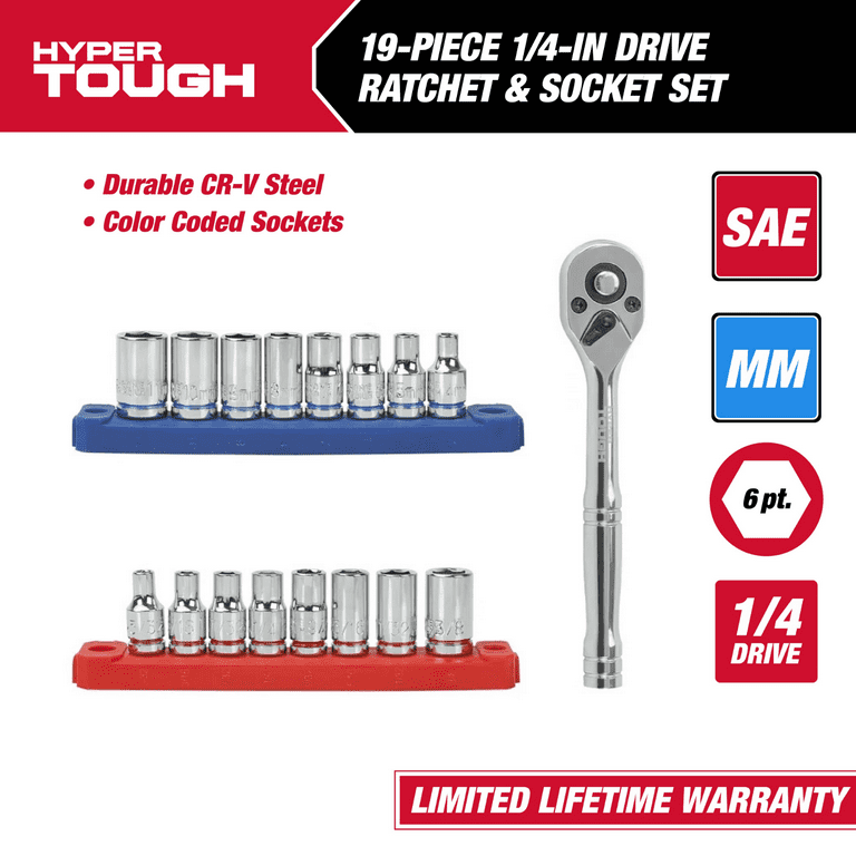 Hyper Tough 19 Piece 1/4 Inch Drive Ratchet and Socket Set
