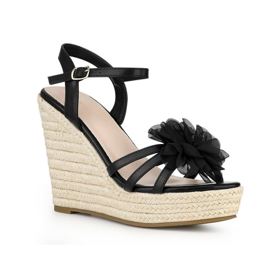 BLISSFUL STEP Women's Flower Platform Espadrilles Wedge Heel Sandals Black 5.5