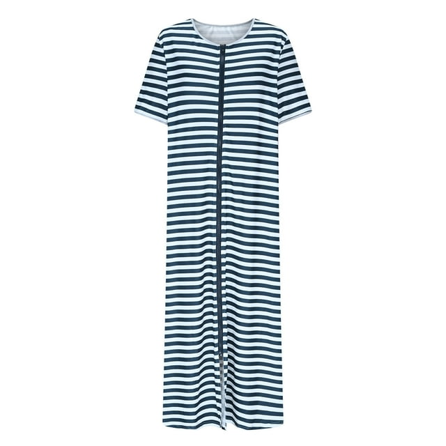HUJlwoi Chemise de Nuit Imprimée pour Femmes Rayée Longue Robe de Bain Zippée Robe Décontractée Chemise de Nuit Manches 3/4 avec Poches