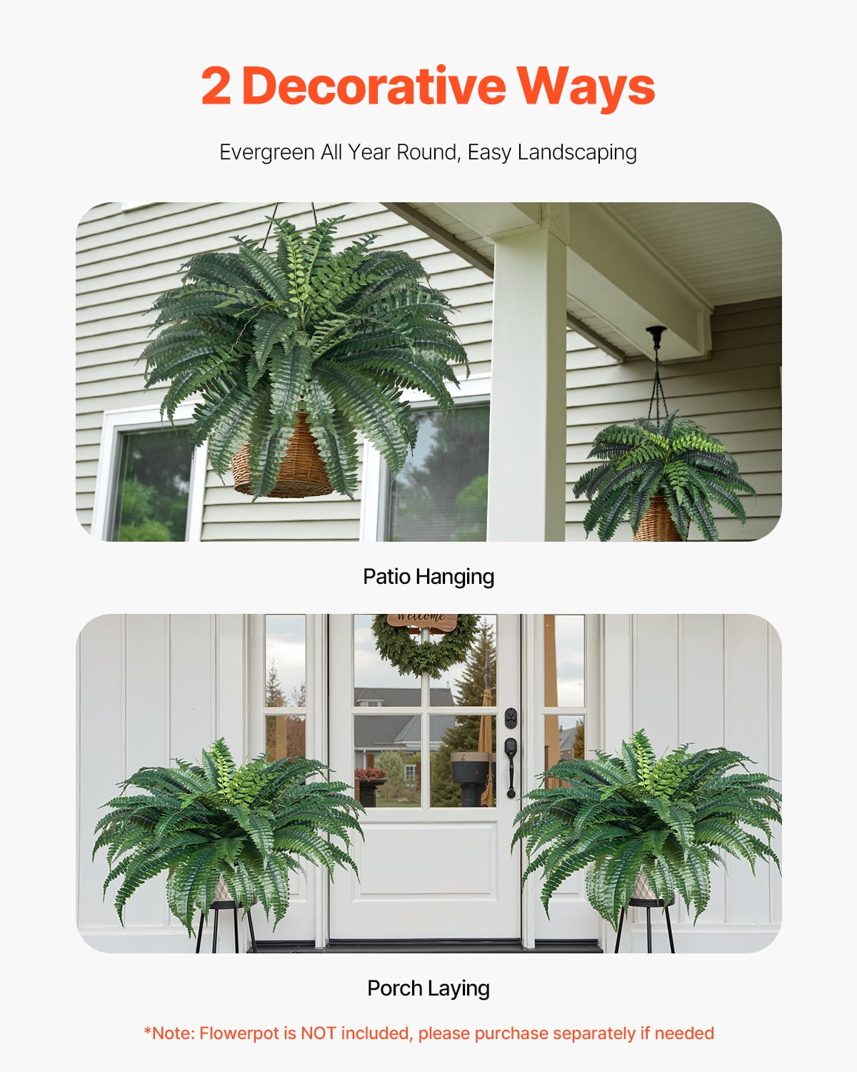VEVOR Artificial Ferns 2 Pcs, Natural Spread Diameter 43-47 Inch, Large Hanging Artificial Boston Ferns, Fake Plant Wall Decor with 50 Branches, Faux Fern for Home and Office (Flowerpot Unincluded)