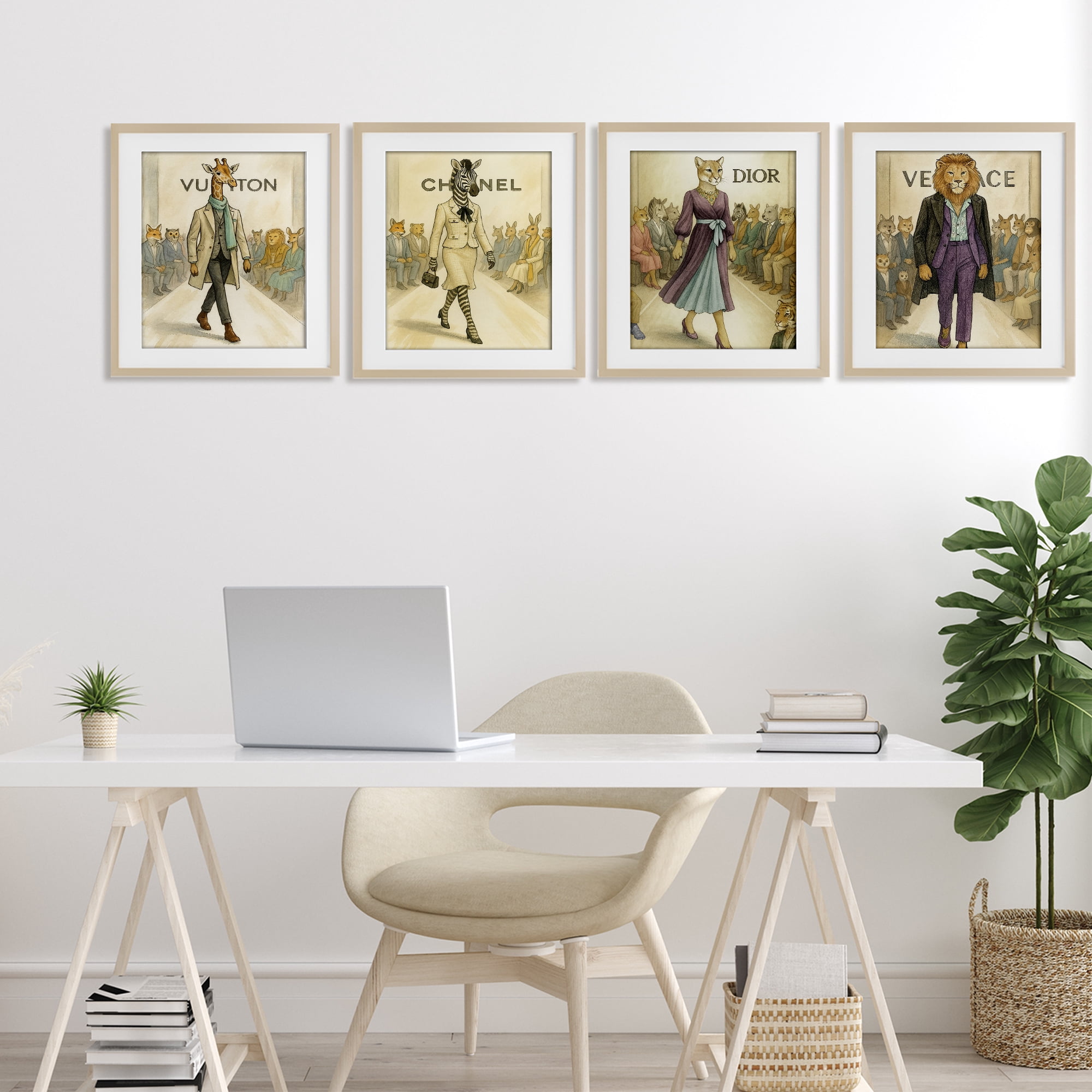 Stupell Industries Fashion Runway Animals 4 Piece Birch Framed Print Under Glass Set, design by Grotto Studios