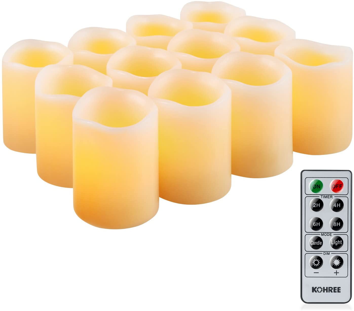 Kohree Remote Controlled Ivory Votive Imitate Burning Candles Flameless Pillar LED Night Candle Shape Light with Timer Batteries Packe of 12 LED Candles