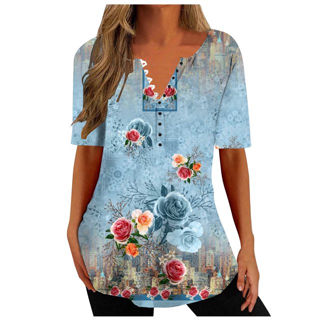 Birdeem Haut Décontracté pour Femme à Col en V Imprimé, Ample, à Manches Courtes, Haut/chemise à Manches Courtes à Col en V