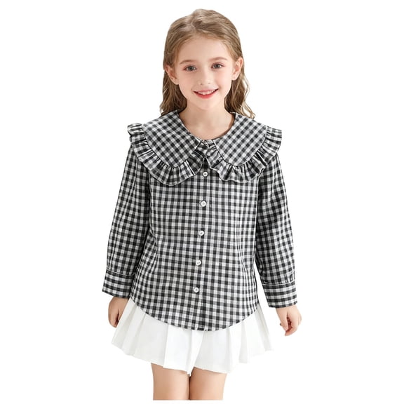 hoksml Girls Gingham Ruffle Collar Shirt Long Sleeve Casual Button Down Top for School and Everyday Wear