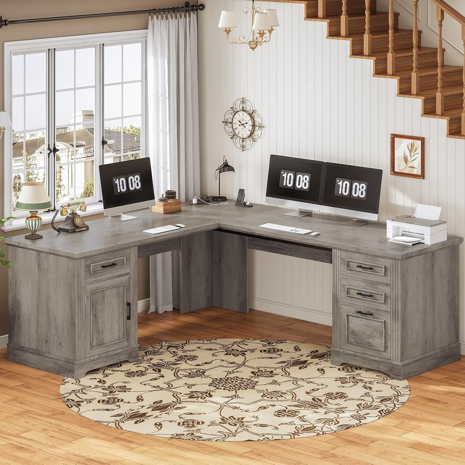 L Shaped Office Desk with Large Workspace & Charging Station, Computer Desk with 4 Drawers & Cabinet, Oak Gray