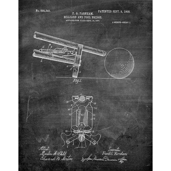 Original Pool Bridge Artwork Submitted In 1907 - Billiard - Patent Art Print