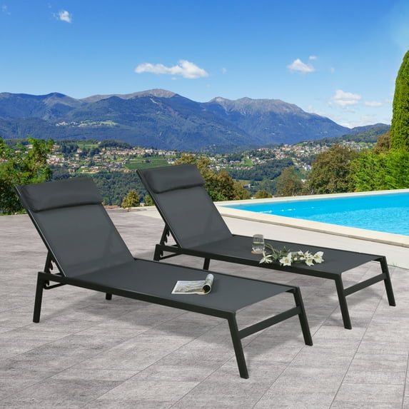 Ulax Furniture 2 Pieces Outdoor Metal Sling Chaise Lounge Chairs with Headrest, Dark Gray