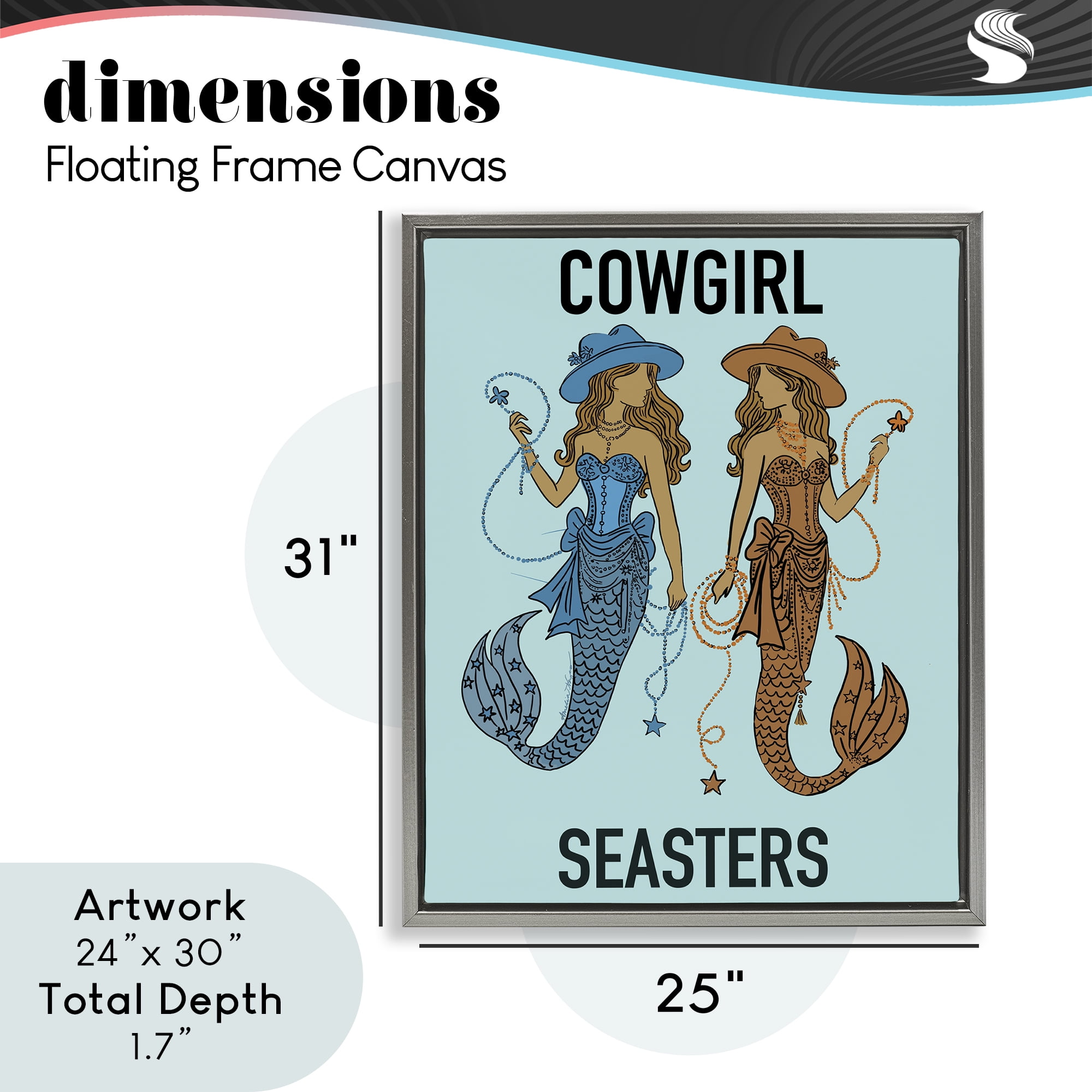 Cowgirl Seasters Mermaid Friendship Gray Framed Floater Canvas Wall Art, design by Amelia Noyes
