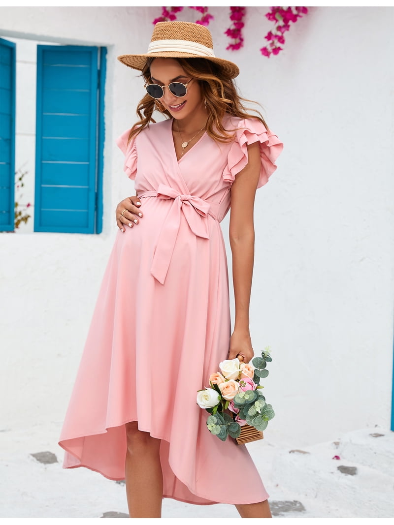 knee length dresses for ladies Momyknows Ruffle High Waist Falbala Long Sleeve Plus Size Baby Shower  Maternity Midi Dress main image 1