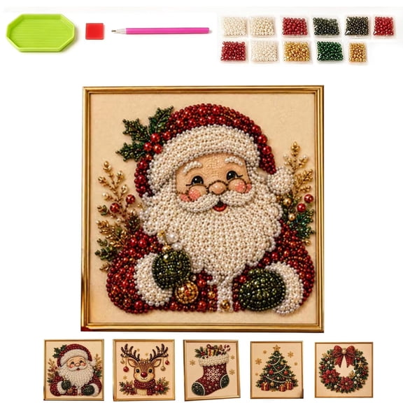 DIY Christmas Pearl Diamond Painting Art Kit with Frame, Christmas Pearl Beads Art Craft for Adults & Beginners, Gemstone Diamond Dots Beads Painting for Home Wall Decor