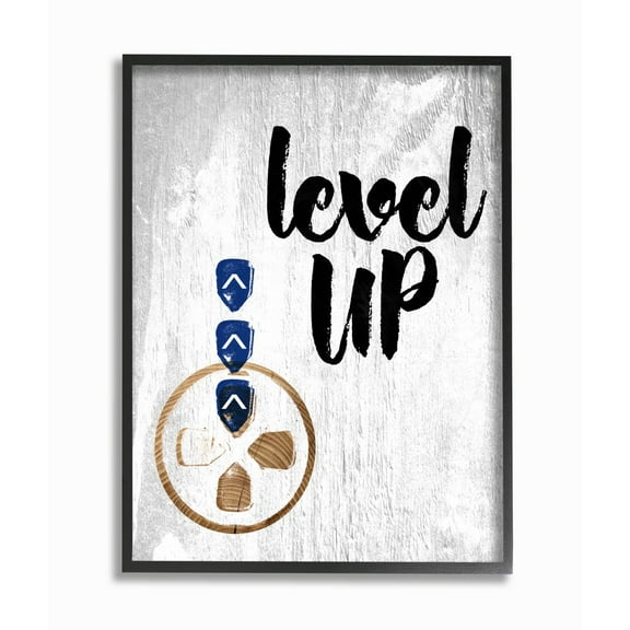 The Kids Room by Stupell Level Up Wood Texture Sign with Directional Game Pad Framed Giclee Texturized Art
