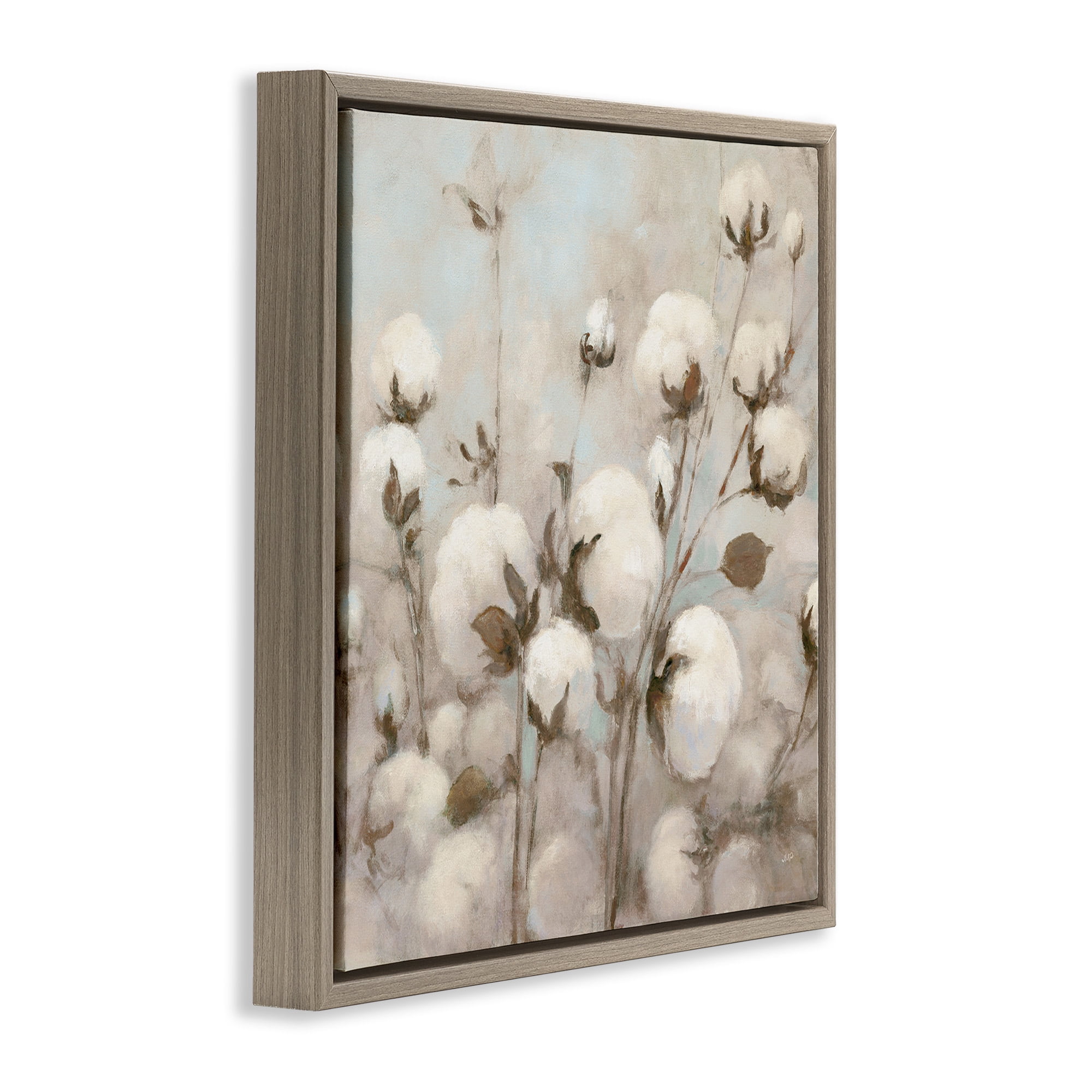 Stupell Industries Neutral Cotton Flower Painting Botanical & Floral Painting Brown Floater Framed Canvas Art Print Wall Art, 18 x 18