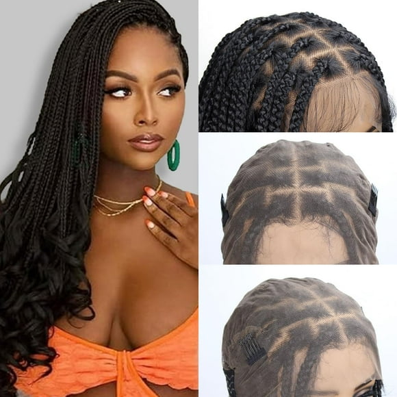 lounoke 36 Inch Braided Wigs With Curly Ends, 360 Single Full Lace French Curl Braided Wigs for Black Women Knotless Box Braid Wig with Baby's Hair