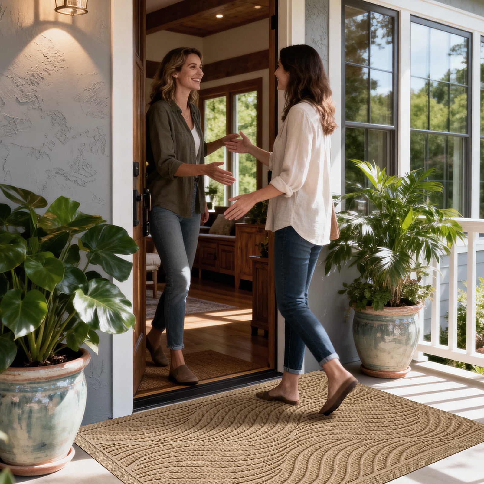 Front Doormat Non Slip Outdoor Mat 24"x36", Dirt Trapper TPE Welcome Mats Outdoor Indoor Rug, Durable Easy Clean Low Profile Doormat for Garage Entryway Patio High Traffic Areas,Beige