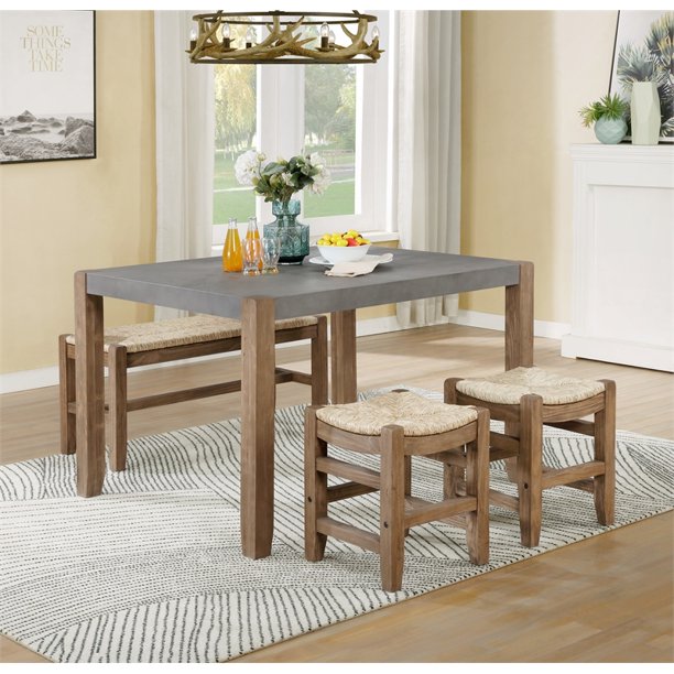 Alaterre Newport 4Piece Gray / Wood Dining Set with Table Two Stools